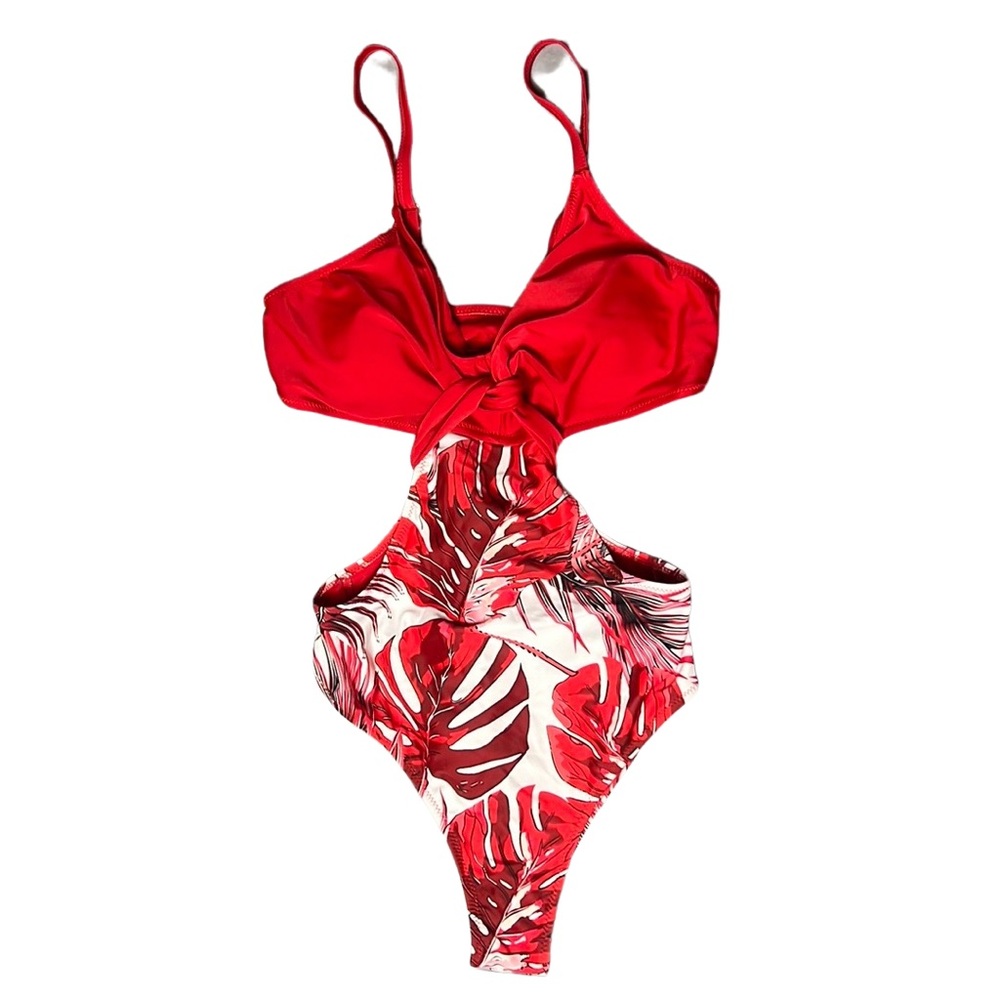 NWOT SHEIN One Piece Swimsuit/Bathing Suit in Red (with Tie & Red Leaves Design)